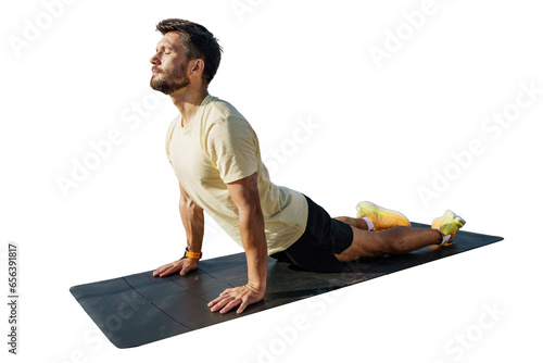 Yoga man uses mat exercise asana body stretching. Athlete active training in sportswear. Man warm-up for fitness. Transparent isolated background. photo