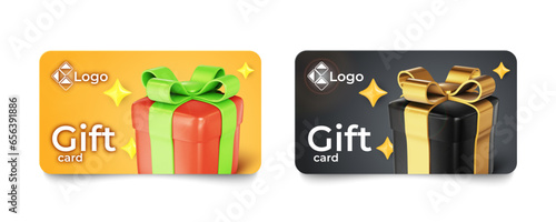 Set of gift or bonus cards in different designs. Reward cards designs template. Customer loyalty program concept. Realistic vector illustration in 3D render style isolated on a white background
