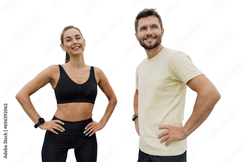 Woman and man sports people interval training, coach and client exercise fitness. Transparent isolated background.