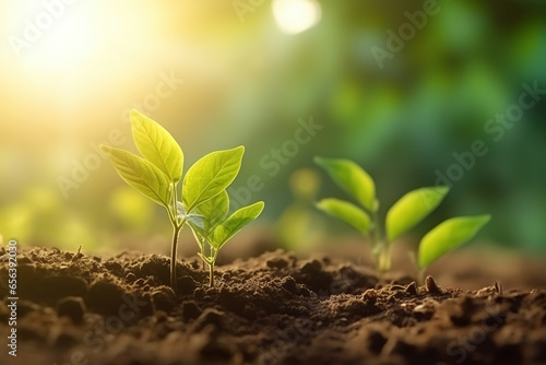 The seedling are growing from the rich soil to the morning sunlight that is shining  ecology concept. wide panoramic banner