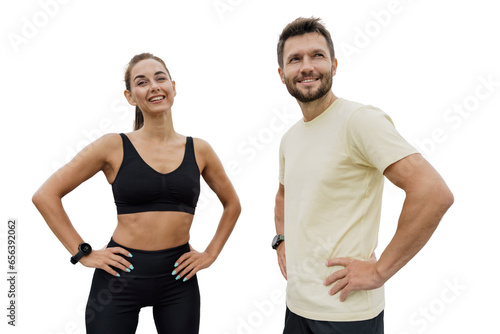 Woman and man sports people interval training, coach and client exercise fitness. Transparent isolated background. © muse studio