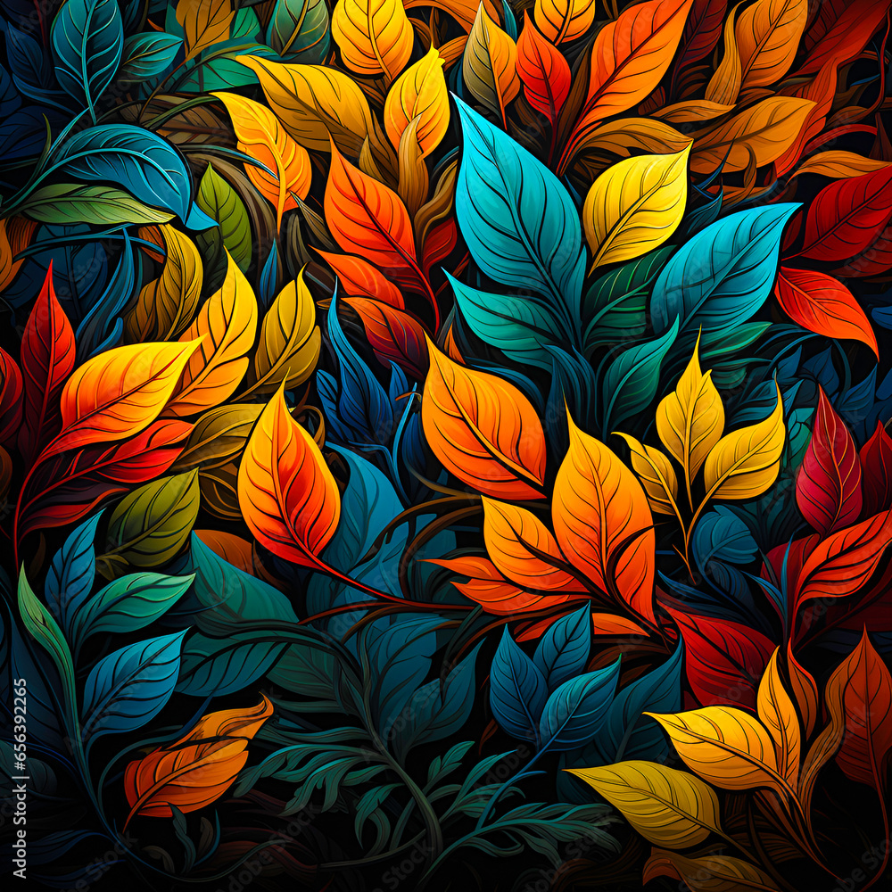 abstract pattern of leaves of various types and various colors