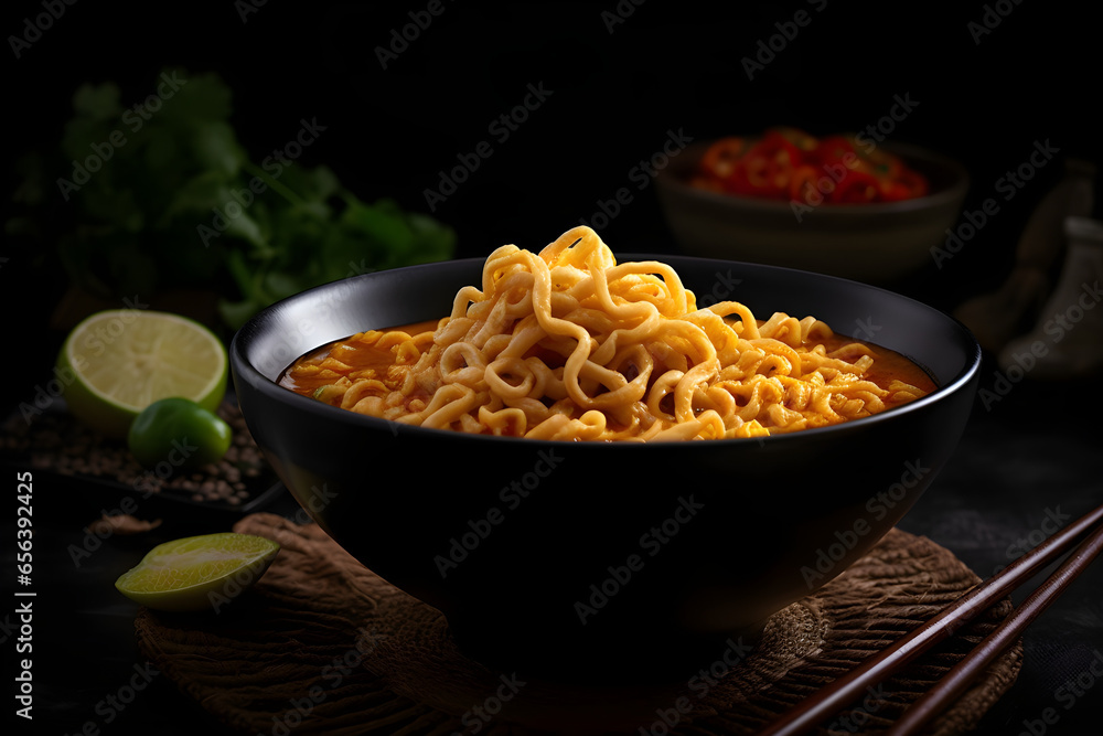 Bowl of tasty khao soi Thai soup with noodles and vegetables on black background, food photography, Clip art Bowl of tasty khao soi Thai soup with noodles and vegetables on black background, food photography, Clip art