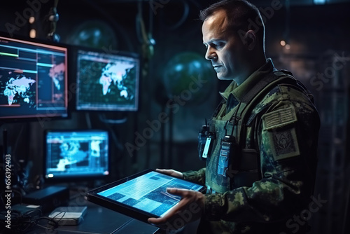 Soldier in uniform analyze data on a tablet and work out tactics at a temporary base. Programming control with artificial intelligence, online coordination of the military team photo
