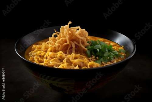 Bowl of tasty khao soi Thai soup with noodles and vegetables on black background, food photography, Clip art