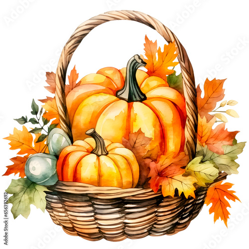 Fall pumpkin basket watercolor design with transparent background, PNG illustration