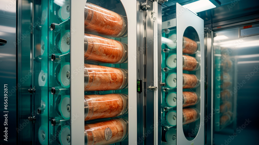 Futuristic laboratory with a cultured meat in a big fridges. - obrazy, fototapety, plakaty 