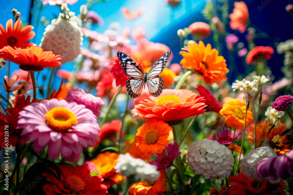 Garden with colorful blooming summer flowers and flying butterfly