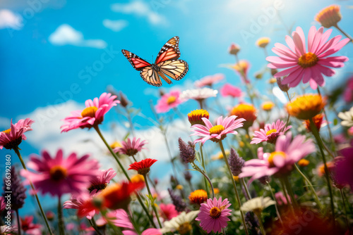 Field with colorful blooming wild spring flowers and butterfly. © graja