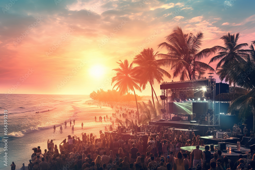 Party on the beach. Dj mixing outdoor at beach party festival with crowd of people in background. Disc jockey playing music on beach. Event, music and fun concept - obrazy, fototapety, plakaty 