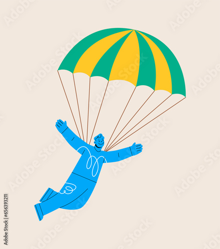 Man descends by parachute. Colorful vector illustration