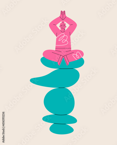 Woman meditate in yoga pose and balance on rock stack. concept of life balance. Colorful vector illustration