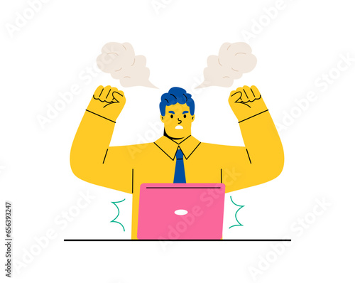 Business man feeling angry and frustrated in front of his laptop.  Flat vector illustration isolated on white background