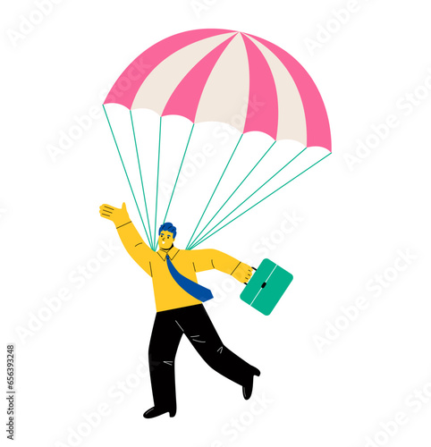 Business man descends by parachute. Concept of dismissal with guaranteed compensation. Flat vector illustration isolated on white background