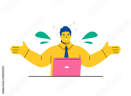 Business man in yoga pose employee meditating and relaxing in office.  Flat vector illustration isolated on white background