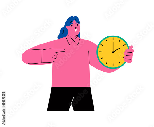 Business woman holds an alarm clock in his hand and pointing at the clock. Flat vector illustration isolated on white background
