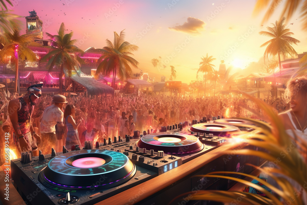 Party on the beach. Dj mixing outdoor at beach party festival with ...