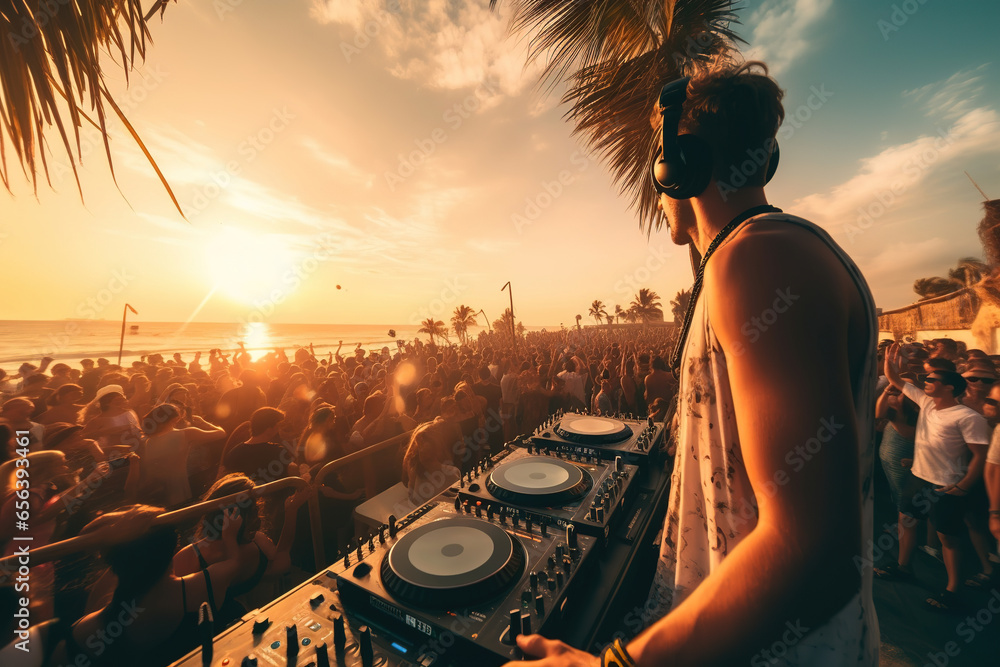 Party on the beach. Dj mixing outdoor at beach party festival with ...