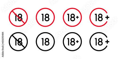 Warnings under 18, red black white badges. Adult content age only icon..Set of age restriction signs. Mark the age limit. illustration