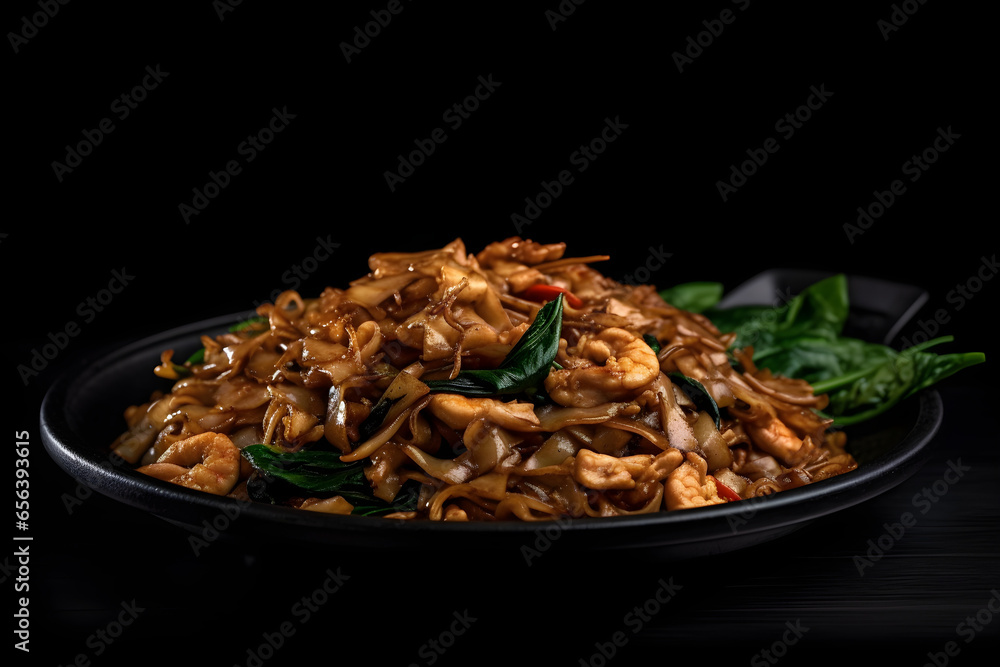 Char kway teow with basil on black background, food photography Char kway teow with basil on black background, food photography
