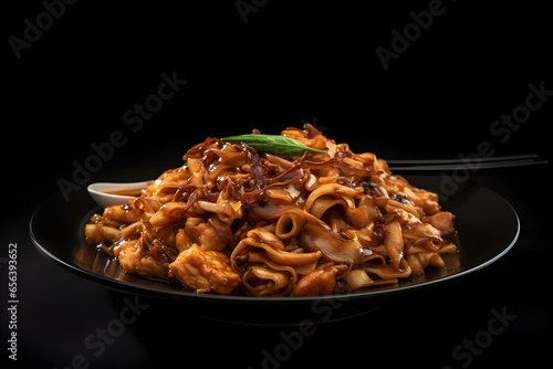Char kway teow with basil on black background, food photography photo