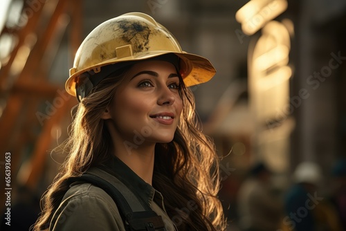 Hardworking Caucasian female builder wearing a hard hat at a construction site. Women in different professions