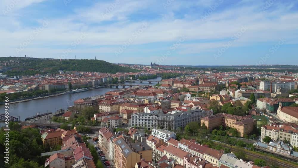 Bridges over river Danube in Prague. Spectacular aerial top view flight drone Bridges over river Danube in Prague. Spectacular aerial top view flight drone