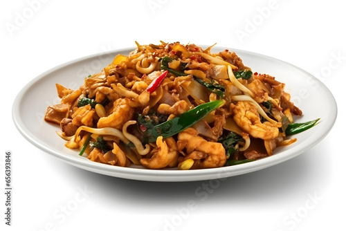 Char kway teow with basil on white background, food photography