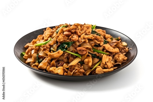 Char kway teow with basil on white background, food photography