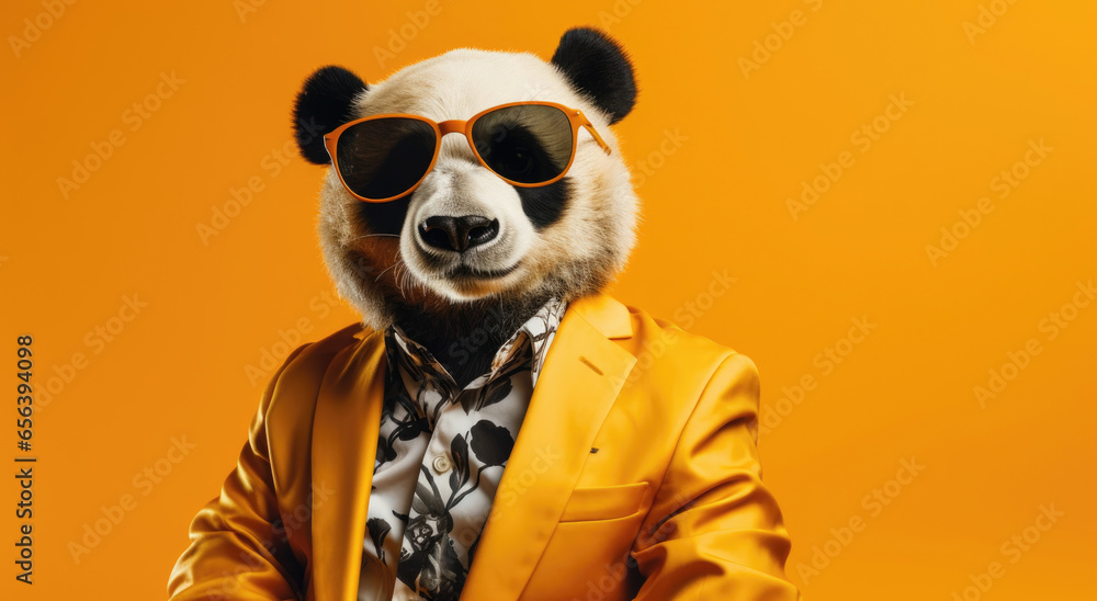 A chic panda, donning a stylish suit and sunglasses, combining whimsy and sophistication in a fashion-forward ensemble. A chic panda, donning a stylish suit and sunglasses, combining whimsy and sophistication in a fashion-forward ensemble.