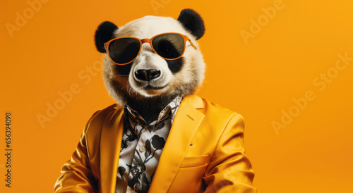 A chic panda, donning a stylish suit and sunglasses, combining whimsy and sophistication in a fashion-forward ensemble.