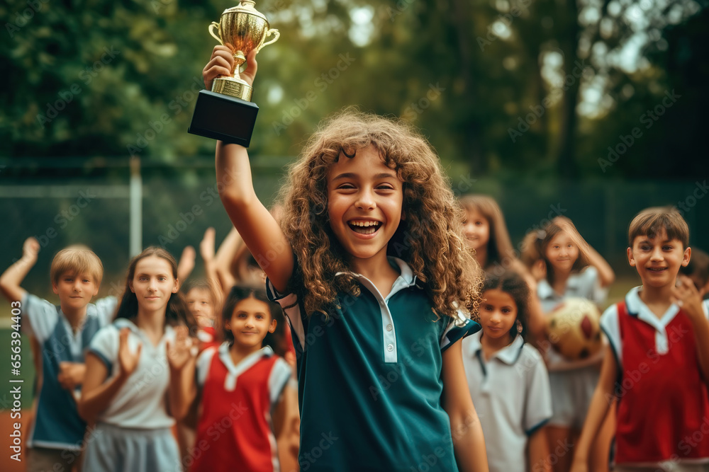 Girl with trophy celebrating victory with friends at school sports court. Winning team of sport tournament for kids children. - obrazy, fototapety, plakaty 