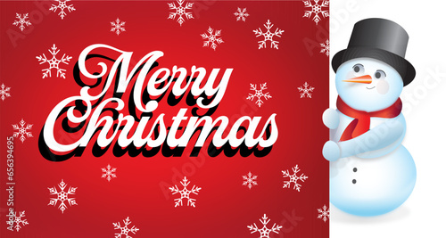 Merry Christmas Card Design with Snowman and Snowflakes for Web Banner