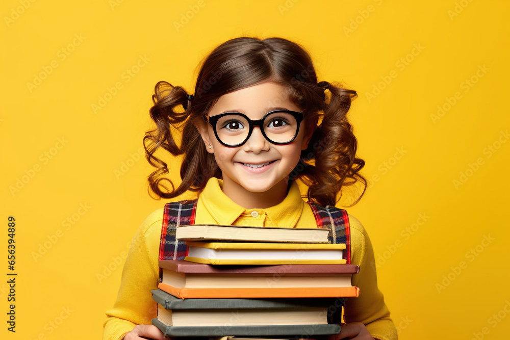 funny smiling child school girl with glasses hold books. Yellow background, Back to school funny smiling child school girl with glasses hold books. Yellow background, Back to school