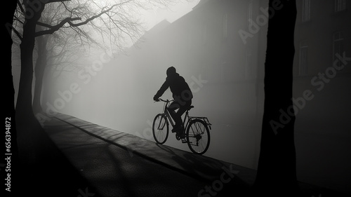 silhouette of a cyclist in the foggy landscape of an old European city.