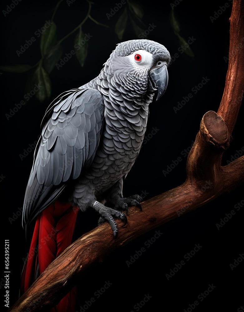 Fototapeta premium Portrait of a gray parrot with red eyes on a branch