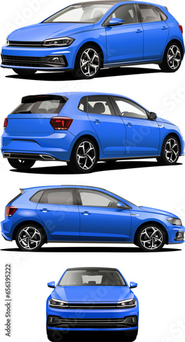 Vector Realistic Blue Car with gradients and transparency, in front, back and side view, manually traced.