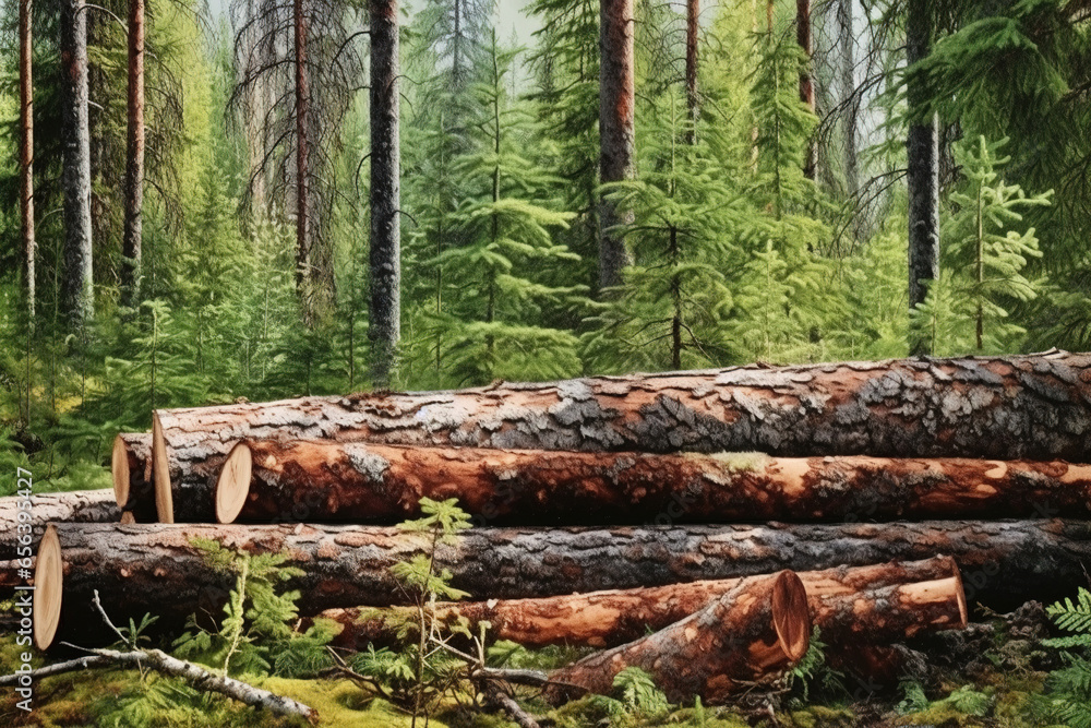 Forest pine and spruce trees. Log trunks pile, the logging timber wood industry. Wide banner or panorama wooden trunks