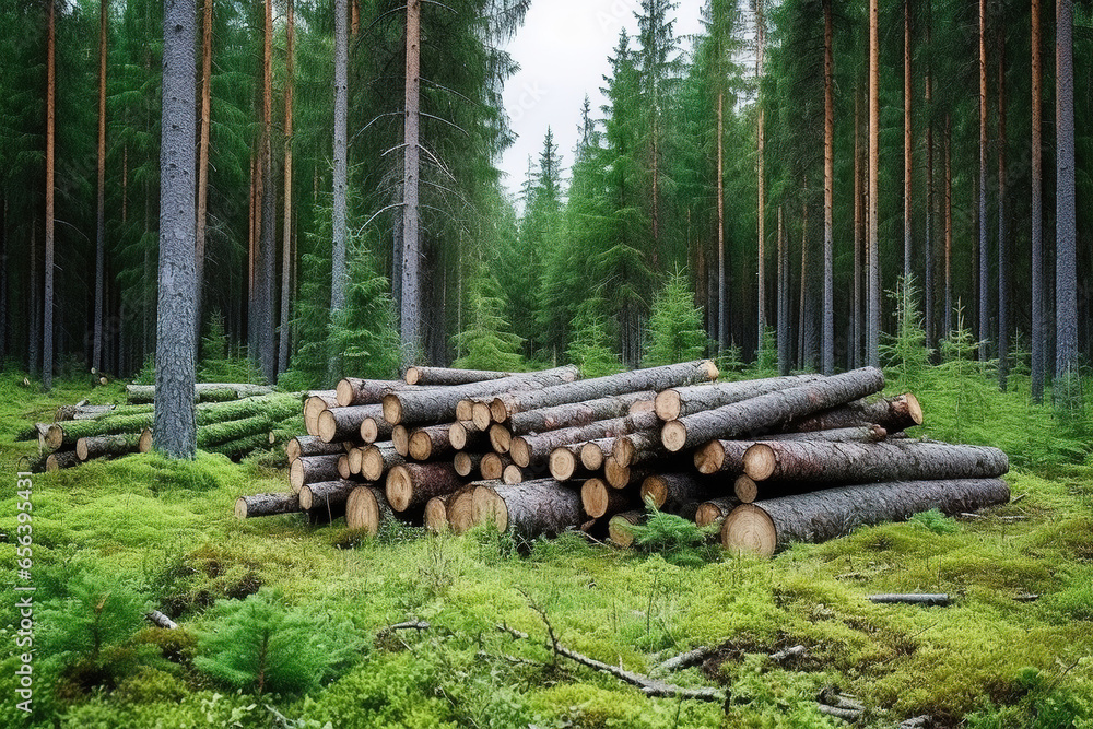 Forest pine and spruce trees. Log trunks pile, the logging timber wood industry. Wide banner or panorama wooden trunks - obrazy, fototapety, plakaty 