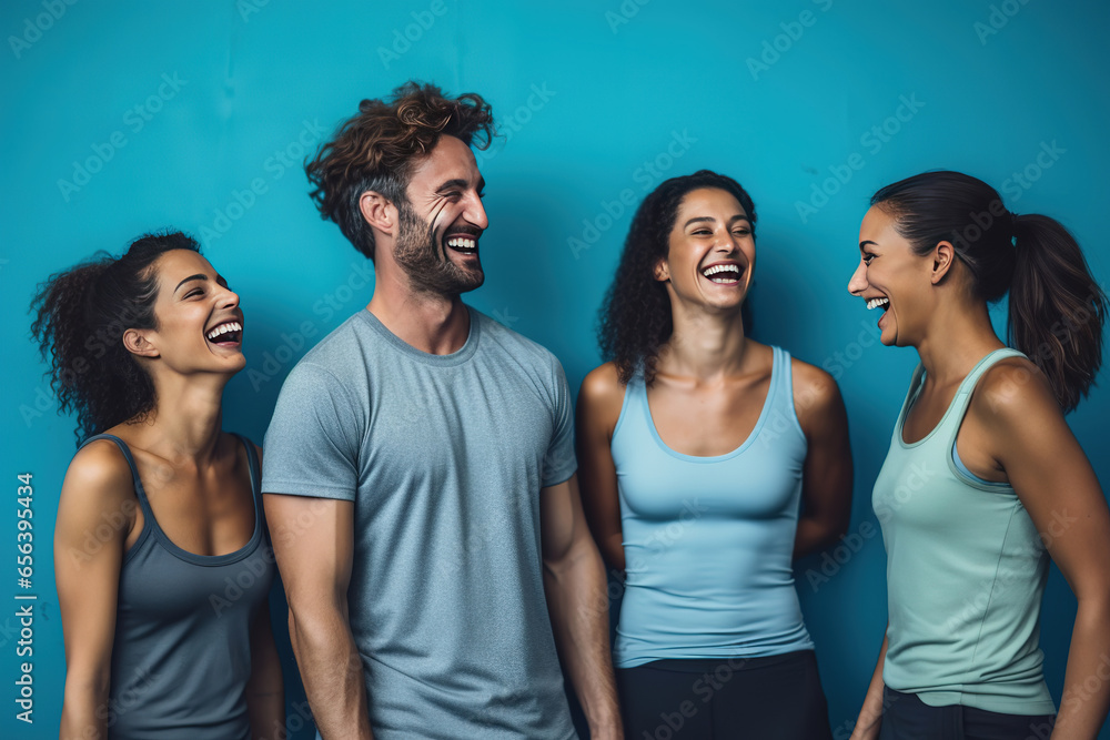Fitness, laughing and friends at the gym for training, pilates class and happy for exercise at a club. Smile, sport in a group for a workout, cardio or yoga on a studio wall, - obrazy, fototapety, plakaty 