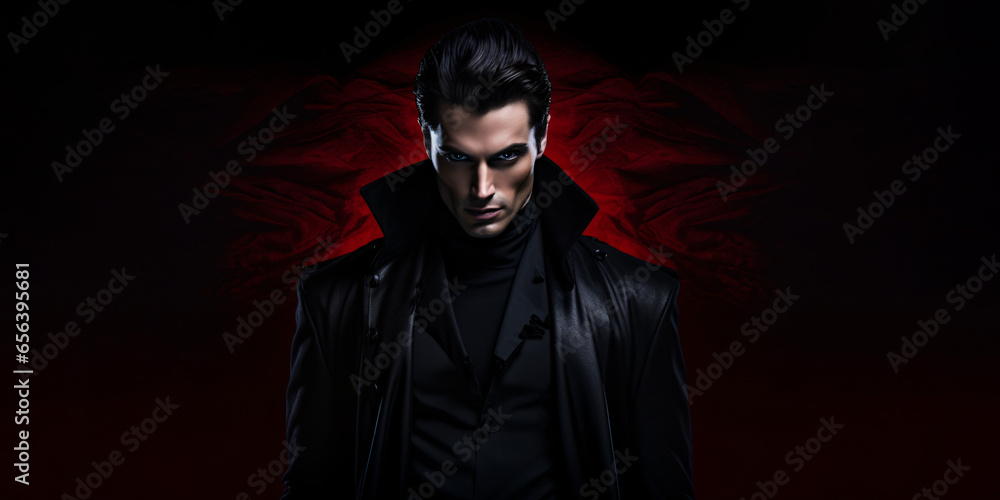 Gothic Vampire: Male Vampire in Dark Leather on Red Halloween Background Gothic Vampire: Male Vampire in Dark Leather on Red Halloween Background