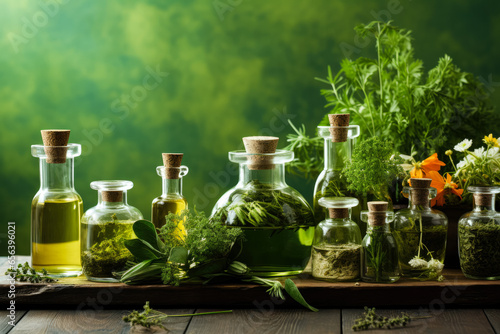 Botanical blends herbs and essential oils for naturopathy; natural remedies for bath and tea on green background  photo