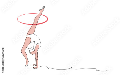 Rhythmic gymnastics. Woman with hoop. One continuous line art drawing of rhythmic gymnastics