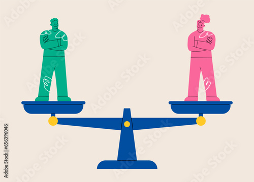Gender equality, treat female and male equally, diversity or balance, fairness and justice concept. Colorful vector illustration
