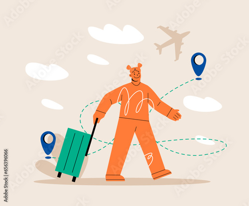 Happy traveling young woman carrying suitcases. Summer vacation, holiday, journey concept. Colorful vector illustration