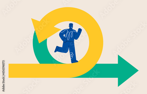 Quick decisions concept. Man runs in circle. Time management and efficient workflow. Colorful vector illustration