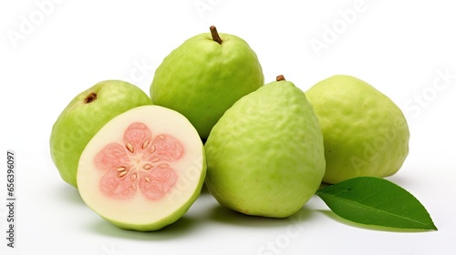guava fruit isolated. whole guava fruit. half a guava, sliced. white background. clipping path