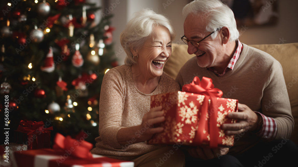 Joyful Senior Couple Unwrapping Christmas Gifts in Festive Roo