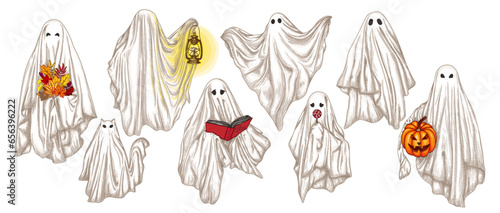 Vector set of 8 different ghosts in engraving style. Ghost with a book, with a lamp, with a bouquet, with a candy, with halloween pumpkin, ghost cat