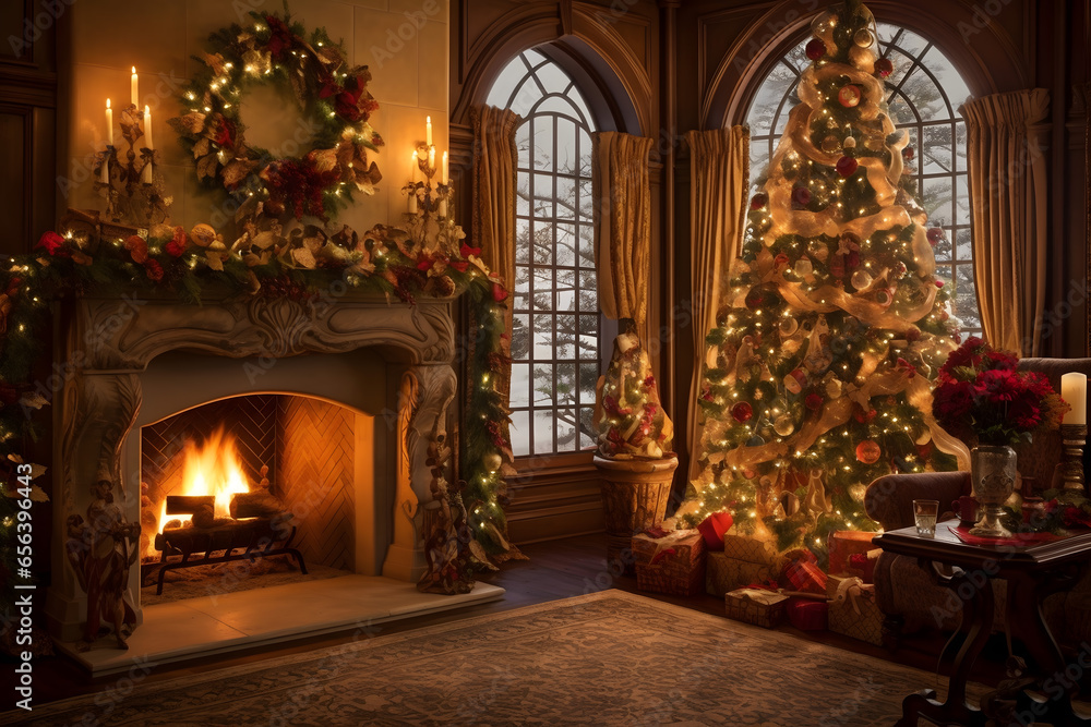 Fototapeta premium christmas tree decorations, santa claus with gifts, snowman in the snow, christmas gift boxes 